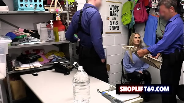 Blonde milf thief Sarah Taylor fucked in threesome by two security guards just to get away with charges